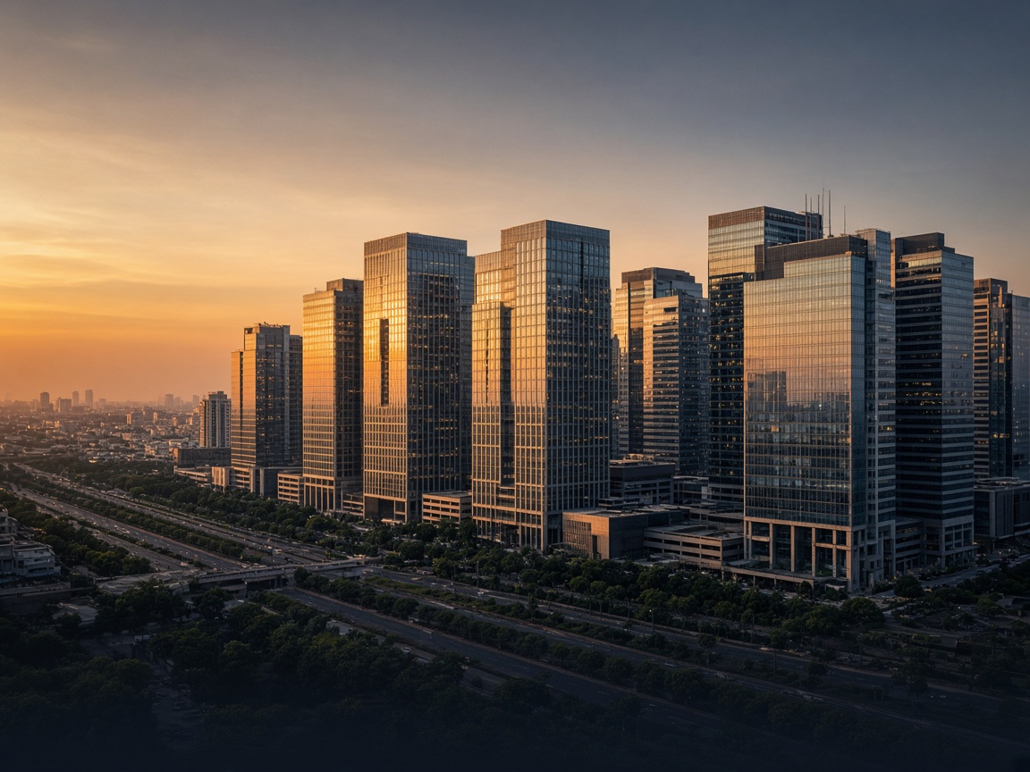 Gurugram skyline at dusk, with modern office towers along the corporate corridor