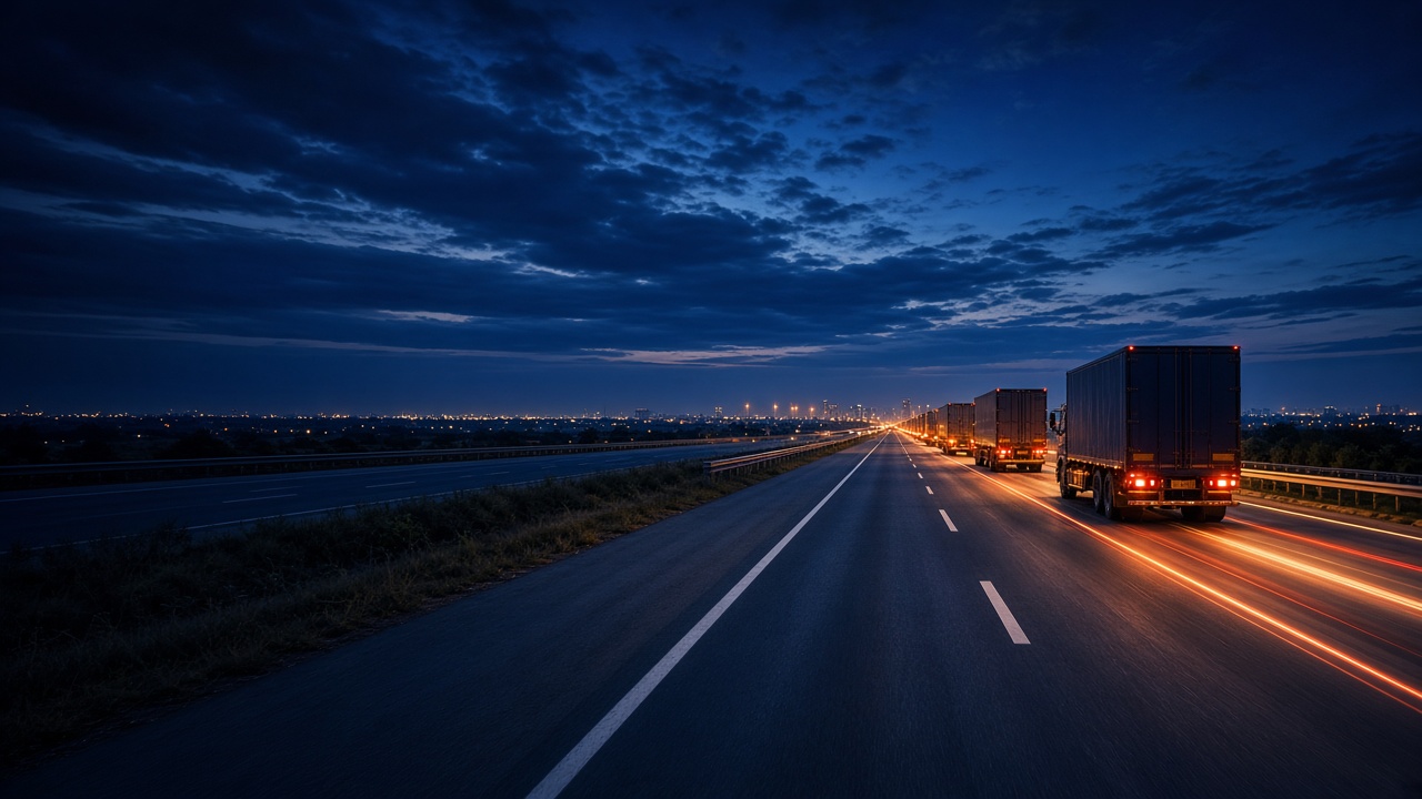 Goods trucks on an Indian expressway at dusk